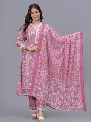 Amayra cotton kurta set with a wide-spread mulmul dupatta featuring intricate floral borders and tassels.