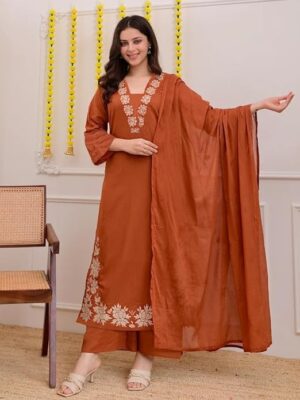 V-neck women’s kurta set with matching dupatta in premium viscose fabric
