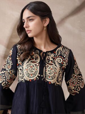 Black short kurti with detailed embroidery on yoke and sleeves, front view.