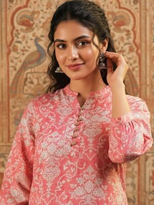 Front view of pink printed short kurti with V-neck and button placket