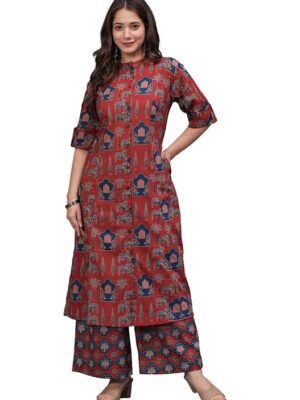 Front angle view of red printed A-line kurta with three-quarter sleeves and palazzo pants
