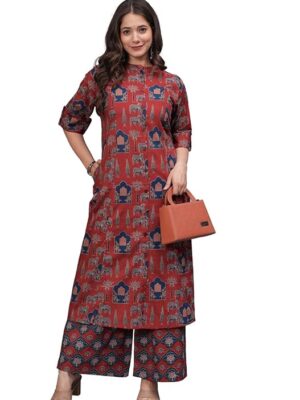 Front view of red printed A-line kurta set with round neck and palazzo pants