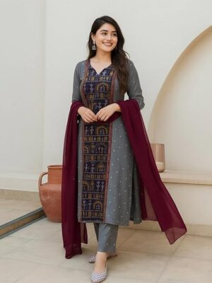 Women printed grey straight kurta set with pant and maroon dupatta